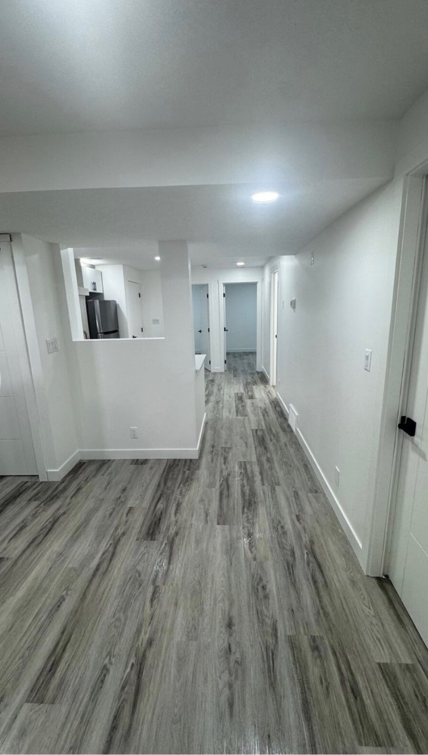Calgary basement secondary suite open living area with vinyl plank flooring by Timeless Interiors Ltd